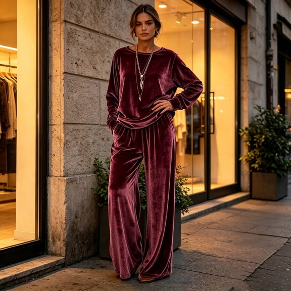 Womens Velour Sweatpants Set Oversized Crewneck Velvet Tops Loose Wide Leg Lounge Tracksuit