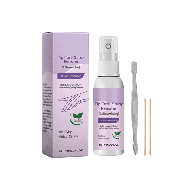Fast Nail Tip Remover Spray Kit, 60ml - Professional Glue Remover for Press-on Nails & False Nails, Plant-Based Mild Formula, Non-Drying & No Residue, Includes Cuticle Pusher and Wood Sticks