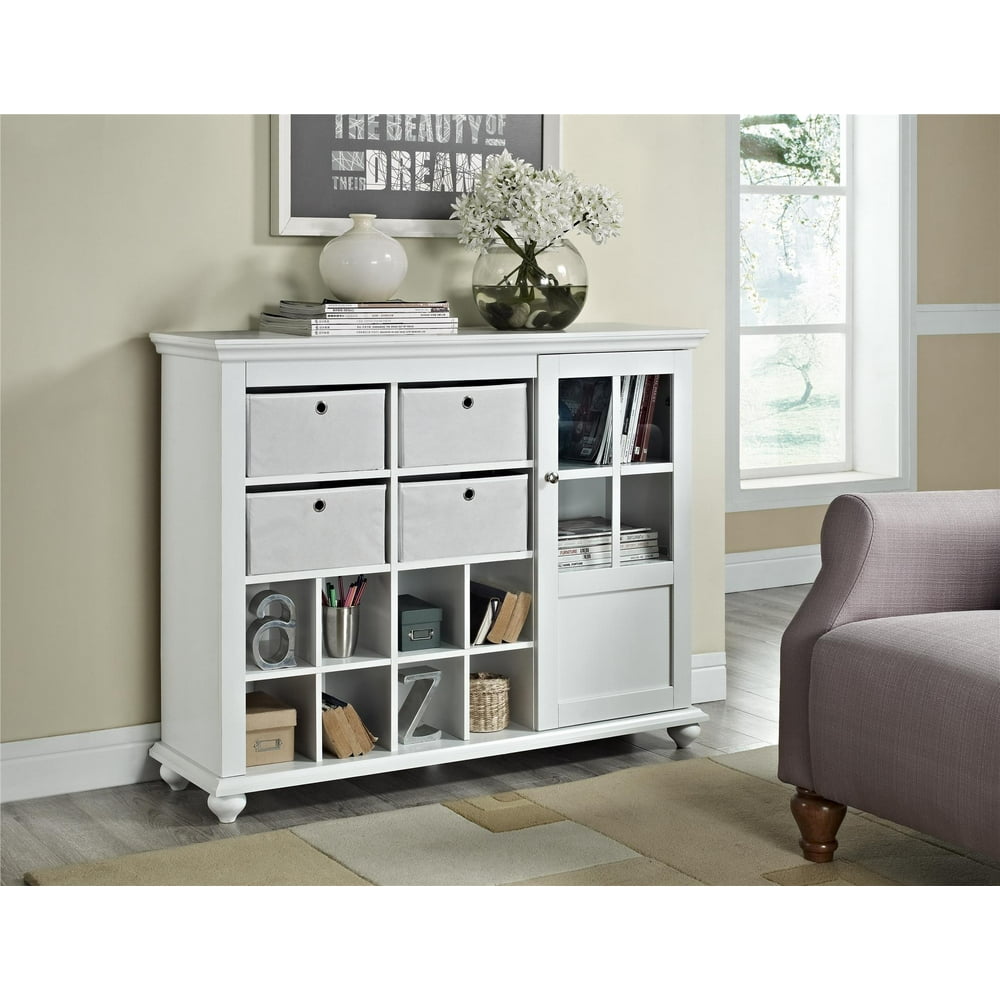 Ameriwood Home Reese Park Storage with 4 Fabric Bins and Glass