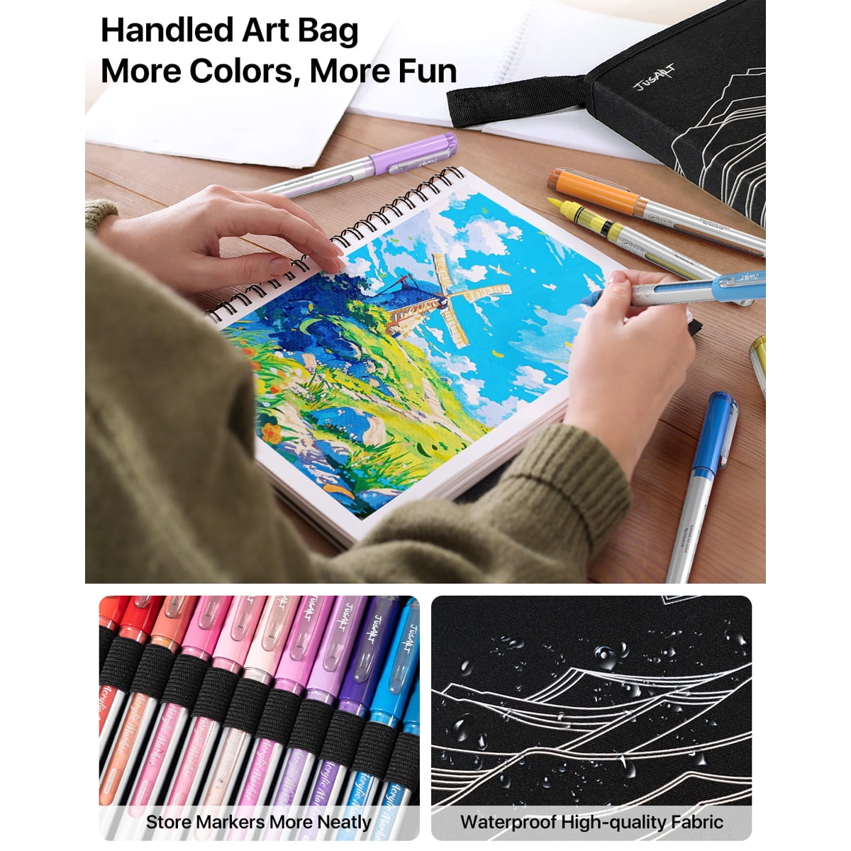 JusArt 48 Colors Acrylic Paint Markers with Canvas Bag, Water-Based No-Bleed Paint Pens with Automatic Ink Control, Waterproof Brush Tip Markers for Crafts -Fabric, Rock, Wood, Glass, Eggs-Easter