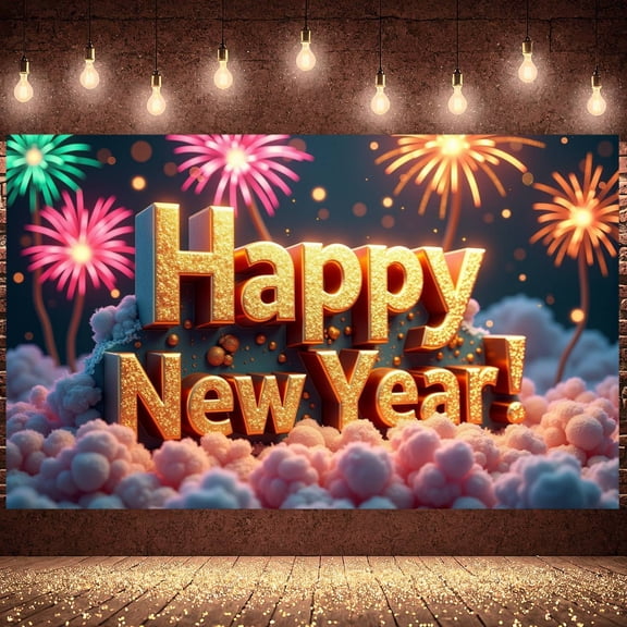 Golden Glitter Happy New Year Banner 3D Lettering New Year Display Colorful Fireworks Pink Clouds Festive Backdrop for New Year Party Holiday Celebration Indoor Decoration