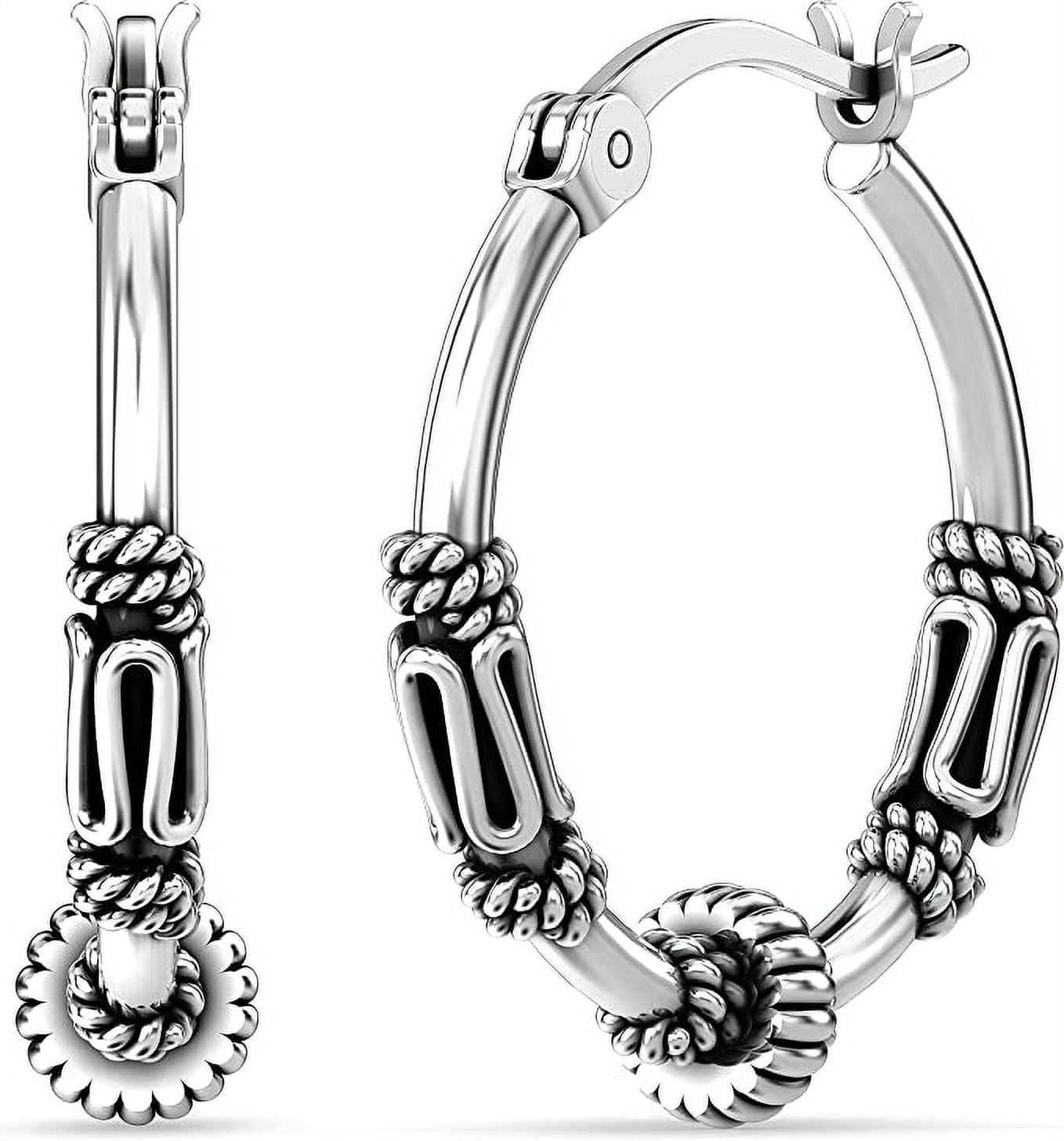 LeCalla 925 Sterling Silver Jewelry Antique Balinese Beaded Hoop Earrings for Women and Teen 17MM
