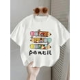 thumbnail image 1 of Cute Girls' Casual Comfortable Short Sleeve T-Shirt with Colorful Pencil Print, Crew Neck, Medium Stretch Fabric, Spring/Summer Style for Youngster, 1 of 6