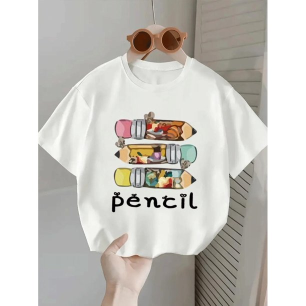 Cute Girls' Casual Comfortable Short Sleeve T-Shirt with Colorful Pencil Print, Crew Neck, Medium Stretch Fabric, Spring/Summer Style for Youngster