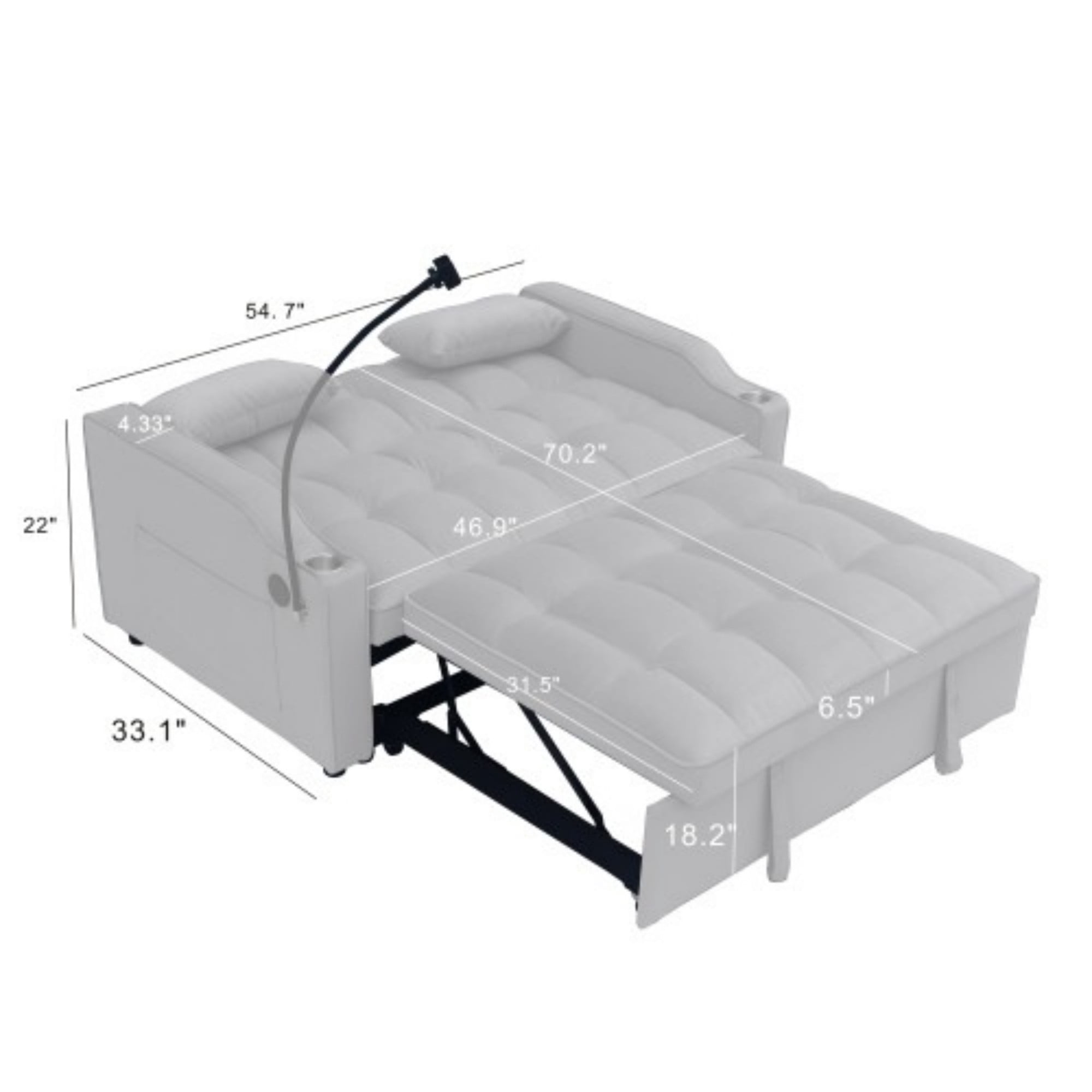 Velvet Loveseat Sofa Bed, 3-in-1 Convertible Sleeper Couch with USB Ports & Pullout Bed, Light Gray