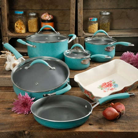 The Pioneer Woman Frontier Speckle Turquoise 10-Piece Cookware Set