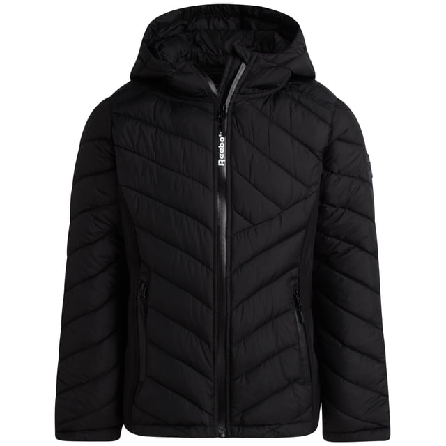 Chaqueta de invierno para niña Reebok acolchada con capucha, tipo puffer, negra