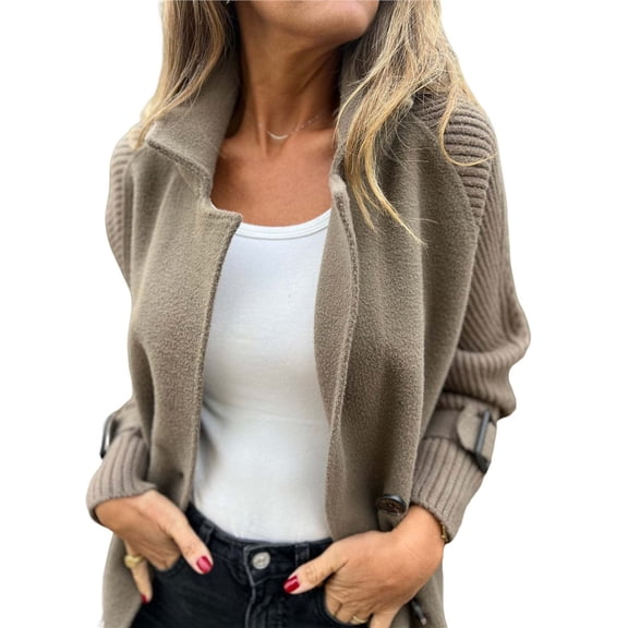 Women's Double Breasted Wool Pea Coat Notched Lapel Cable Knit Raglan Sleeve Sweater with Cuff Straps Gray-Green XXL