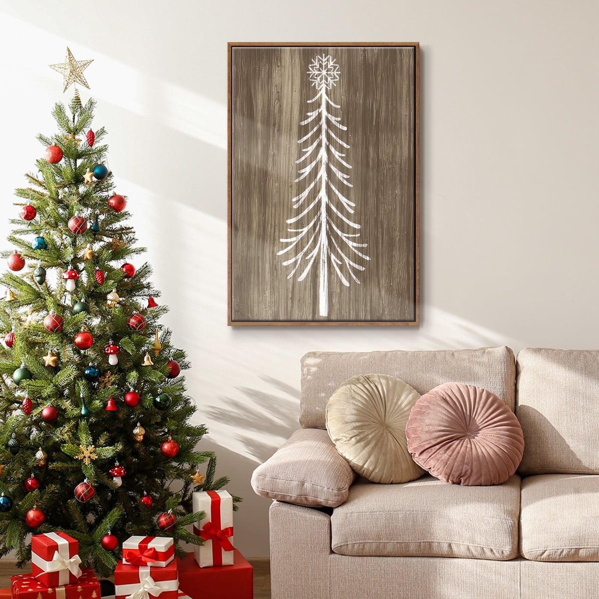 Barnwood Wonderland VII - Framed Gallery Wrapped Holiday Canvas - 25 x 37 - Rosewood Frame
