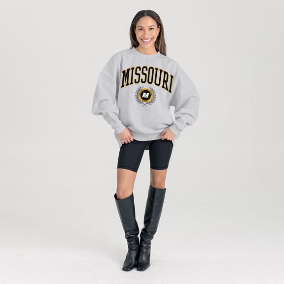 Women's Gameday Couture Ash Missouri Tigers Oversized Tradition Refined Premium Fleece Sweatshirt