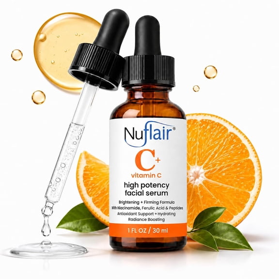 Nuflair Vitamin C Face Serum with Peptides, Ferulic Acid & Niacinamide, Hydrating Fragrance-Free Facial Serum, 1 fl oz