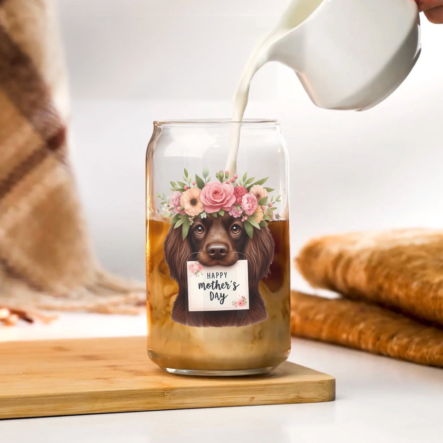 Happy Mother's Day Boykin Spaniel with Flower Crown and Greeting Card 16oz Glass Cup Mug Dog Lover Glass Can - 13004
