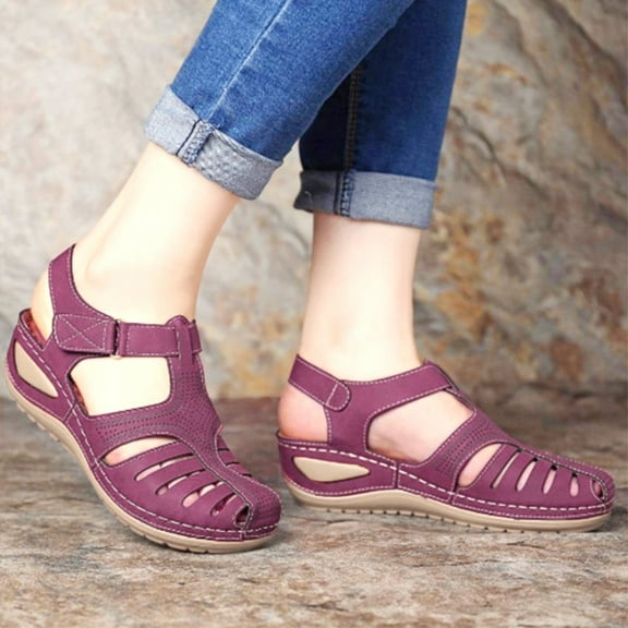 YOUSNH Thick Sole Sandals for Women Soft Leather Closed Toe Vintage Anti Sandals Thick Sole Shoes Hollow Sandals Womens Sandals Purple 7(38)