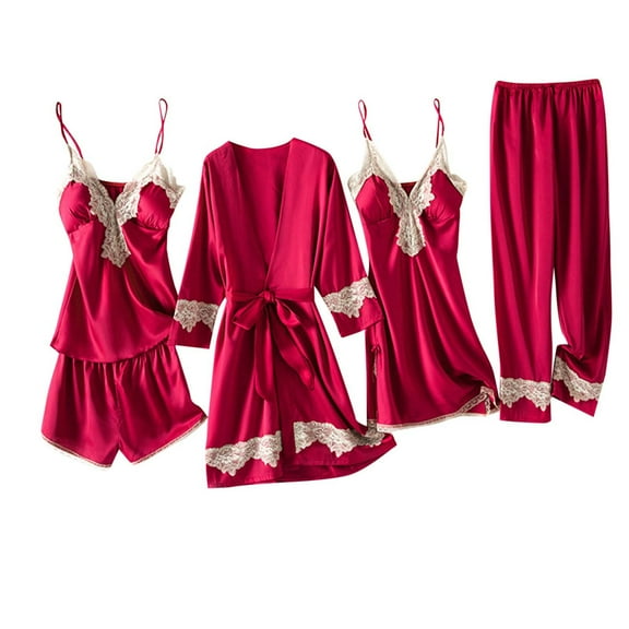 Feimerou Satin Silk Pajamas Set for Women 5 Piece Pj Sleepwear Tank Tops Built In Bras Shorts Trousers with Lace-Up Robes Loungewear Friday Sale