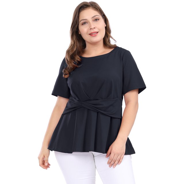 Mujer TalExtMangas Cortas Frente Nudo retorcido Peplo Top Azul Marino XXL