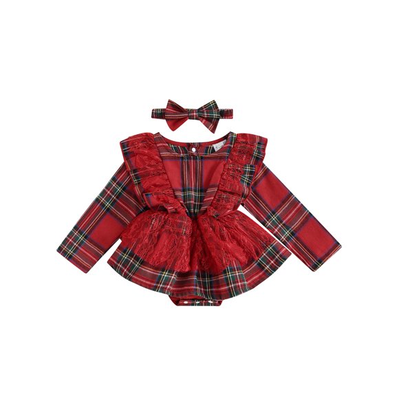 Sylvamorning Robe de Noël pour Bébés Filles, Barboteuse à Carreaux avec Volants en Dentelle, Manches Longues, Justaucorps avec Nœud, Bandeau, Vêtements Mignons pour Tout-Petits, 3M 6M 12M 18m 24m