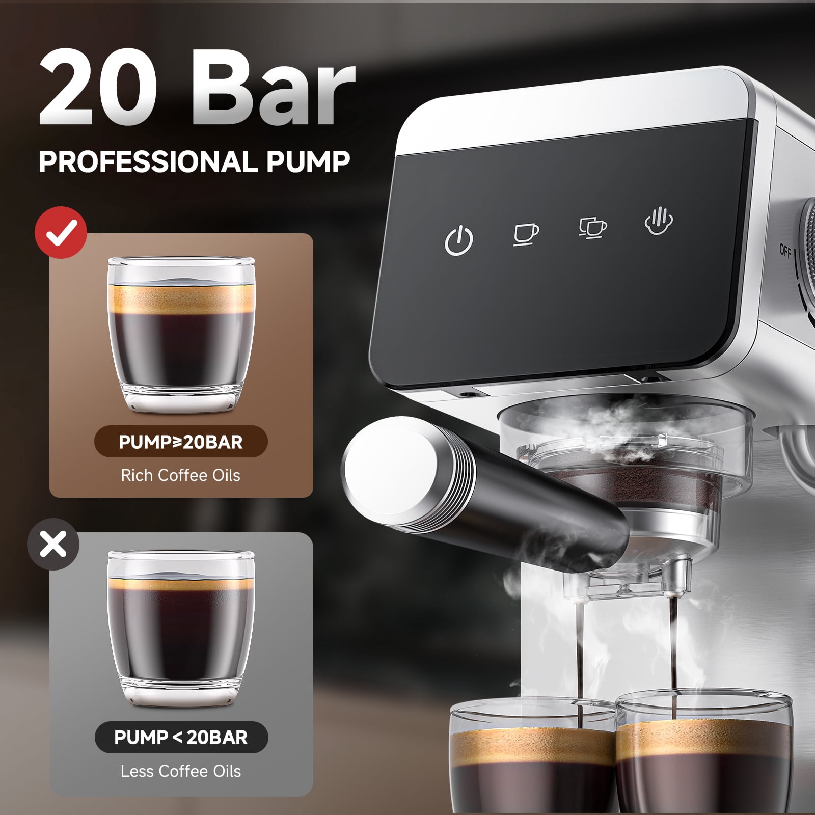 Sunmaki Espresso Machine 20 Bar Stainless Steel Coffee Machines with LED Touch Screen Powerful Steam Wand, Removable Water Tank, for Cappuccino, Latte