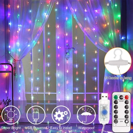 Lights In Bedroom Pinterest Window Curtain Lights 300 LED with Hook, USB Powered Fairy String Twinkle Lights with Remote and Hook, IP65 Waterproof & 8 Modes for Home Christmas Party Wedding Wall Decorations (9.8Ft Multi-Color) ()