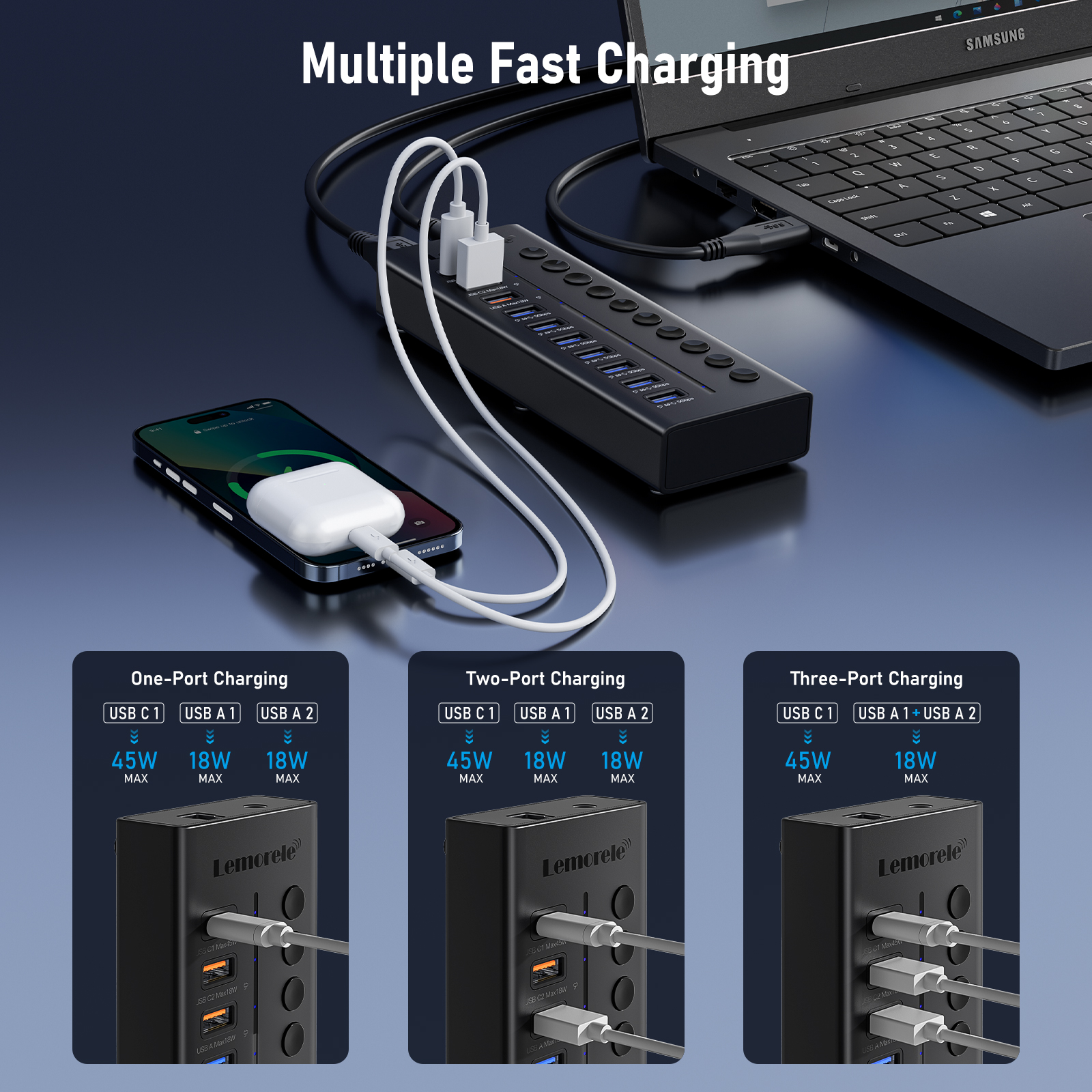 Lemorele 10-in-1 Docking Station, 7 USB 3.0 Hubs + 1 Type-C Port + 2 Type-A Ports for Fast Charging, Independent Switch with Indicator Light, 5gbps Transfer