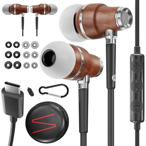 Auriculares sinfonizados de madera premium para iPhone con cable (USB C), sonido de graves profundos, sonido 3D, control de volumen del micrófono, 90% de cancelación de ruido para dispositivos tipo C.