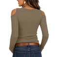 thumbnail image 4 of Womens Linen Shirt Women's Cold Shoulder Shirts - V-Neck Ribbed Slim Fits Tops - Stretchy Comfy Long Sleeve Daily Layering Base Top, 4 of 8
