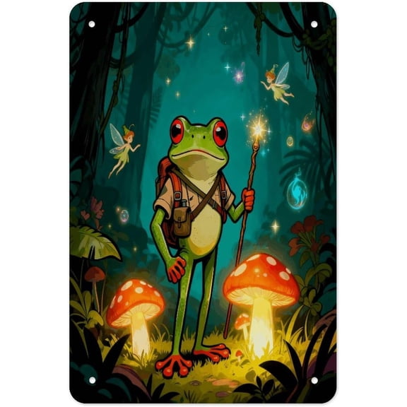 Vintage Mushroom Frog Metal Tin Sign, Funny Decorative Wall Art Plaque Poster for Kitchen Home Office Bar Cafe, 8 x 12 Inch