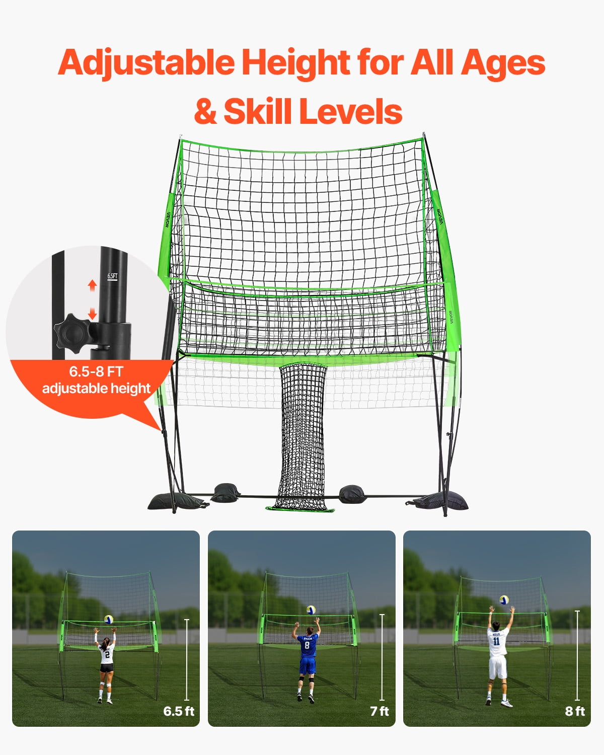 VEVOR Volleyball Training Net System, Freely Height-Adjustable Practice Equipment with Ball Return,8x11ft Portable Net Station,Easy Setup for Backyard Indoor Outdoor Serving Spiking Improve Accuracy