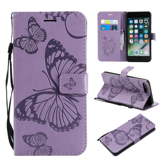 iPhone 7 Plus/ 8 Plus Wallet case, Allytech Pretty Retro Embossed Butterfly Flower Design PU Leather Book Style Wallet Flip Case Cover for Apple iPhone 7 Plus and iPhone 8 Plus, Purple