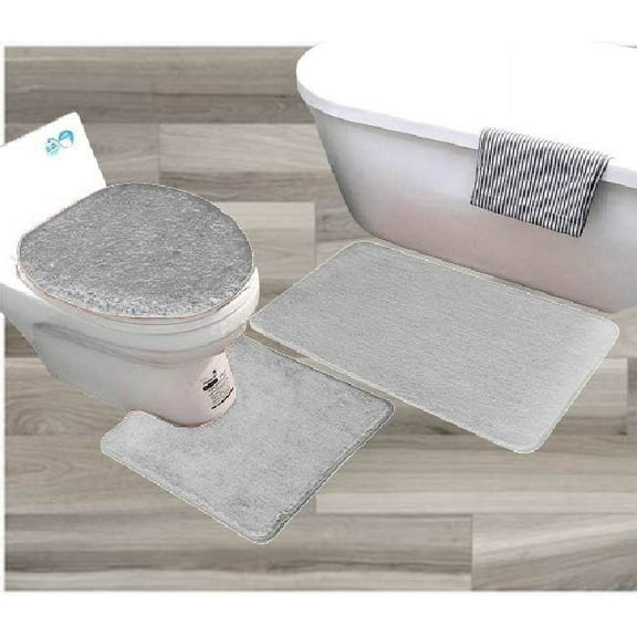 Silver color BS#6 bathroom decor mat rug 3pc Set, shaggy chenille plush large rug, Contour Mat and Toilet Lid Cover Non-Skid Rubber Backing