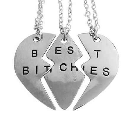 Art Attack Silvertone Broken Heart Best 3 Bitches Best Friends BFF Matching Pendant Necklace Gift