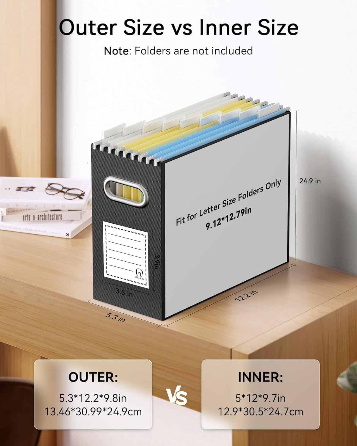 Oterri File Organizer Box, Portable Collapsible Cardboard Folder with Handle for Letter Size Hanging Files, Document Storage Box Home Office & Classroom (2 Packs, Black)