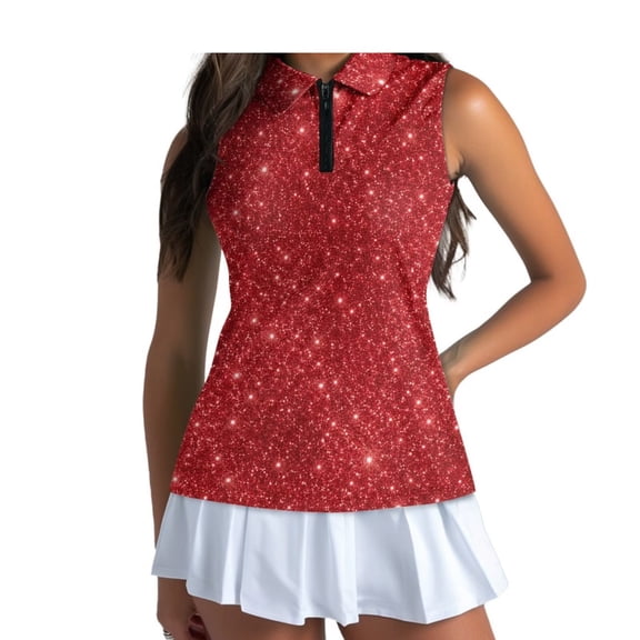 Knextrepoy Bling Sparkling Red Women V Neck Golf Shirts Trendy Sleeveless Zip Up Golf Tops Breathable Sweatshirt Workout Shirts Size XS