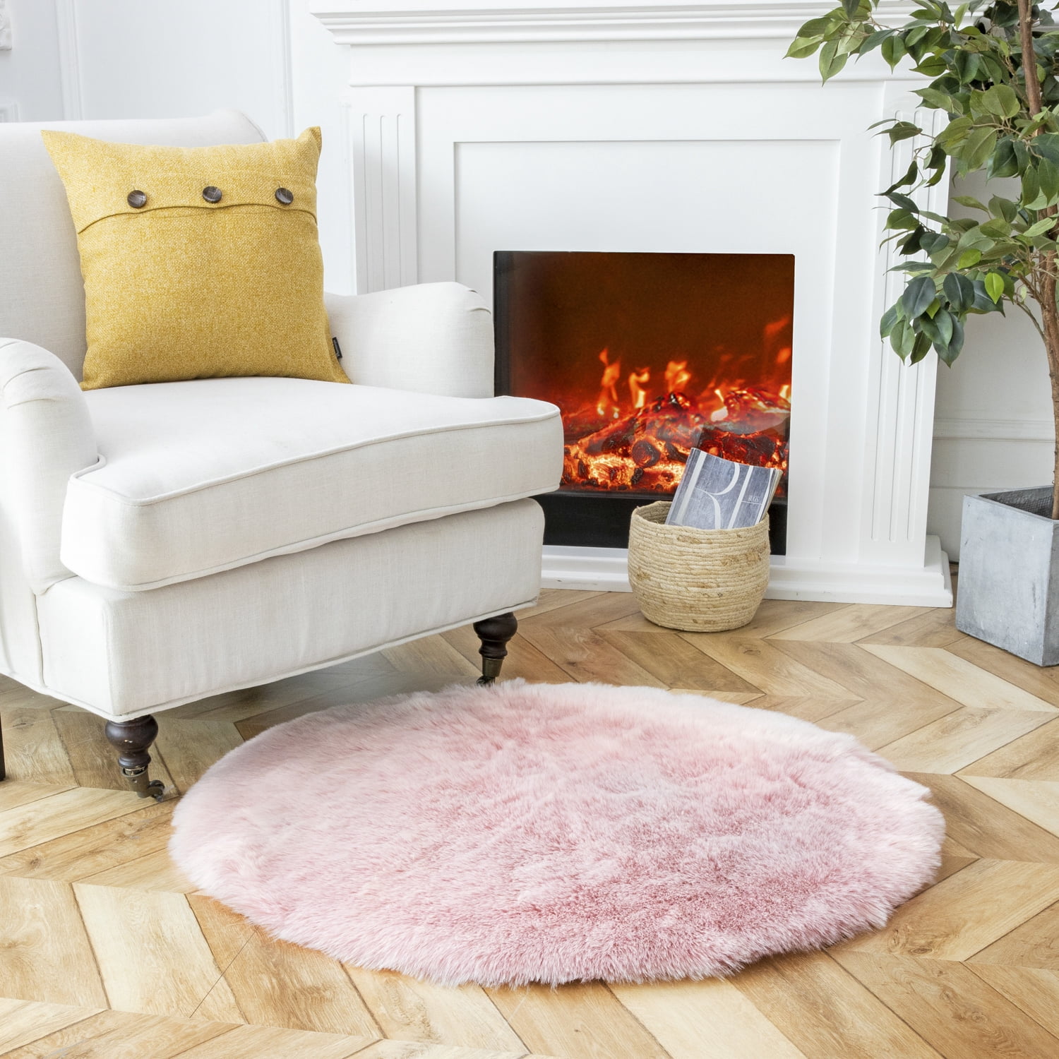 Phantoscope Ultra Soft Faux Fox Fur Series Decorative Indoor Area Rug 3 x 3 Feet Round, Pink with White Tip, 1 Pack