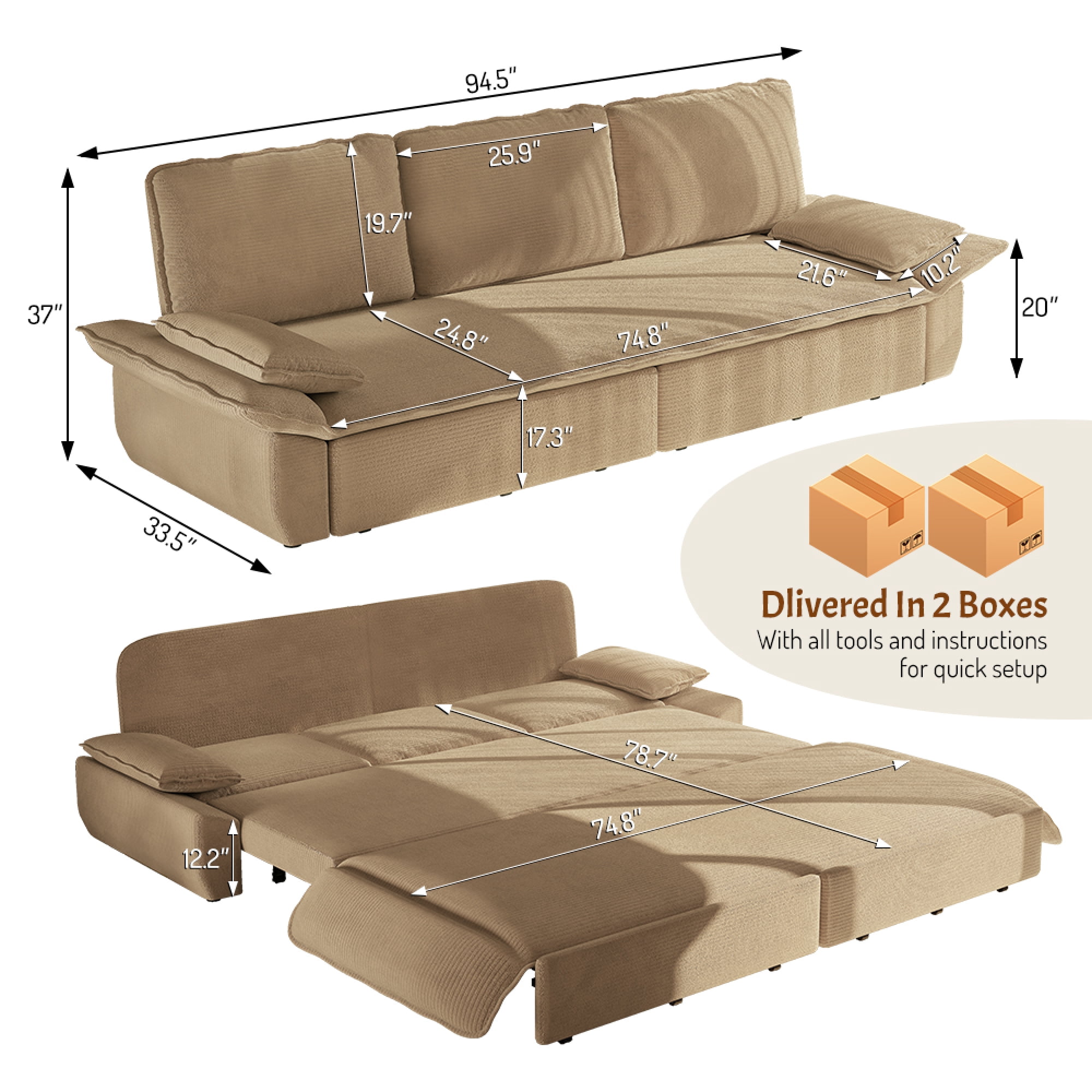 Leumius 94.5" Pull Out Sofa, King Size 3-in-1 Convertible Sleeper Sofa Bed, Multi-Functional Corduroy Bed for Living Room Bedroom Camel