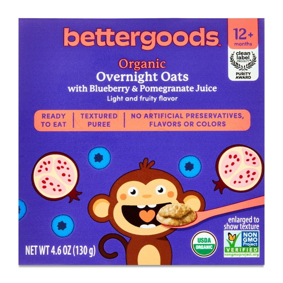 bettergoods Organic Stage 4 Baby Food Overnight Oats with Blueberry Puree and Pomegranate Juice, 4.6 oz Tub