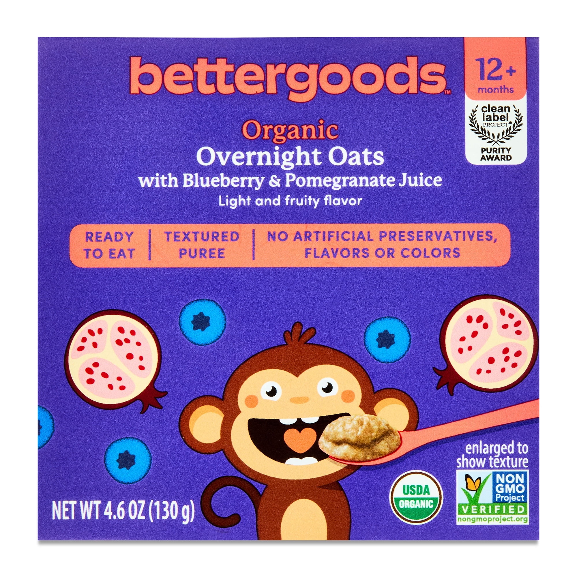bettergoods Organic Stage 4 Baby Food Overnight Oats with Blueberry Puree and Pomegranate Juice, 4.6 oz Tub