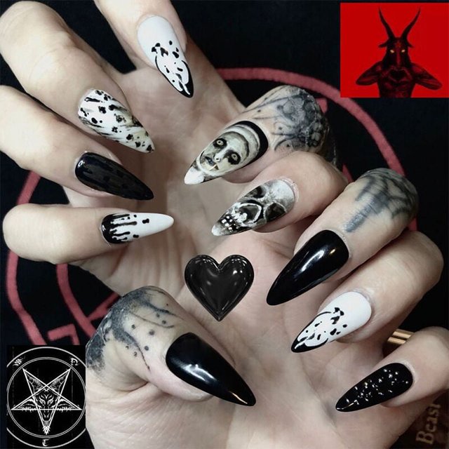 24 piezas de uñas postizas de tacón de aguja mediano, uñas postizas de calavera negra, uñas postizas punk de cobertura completa