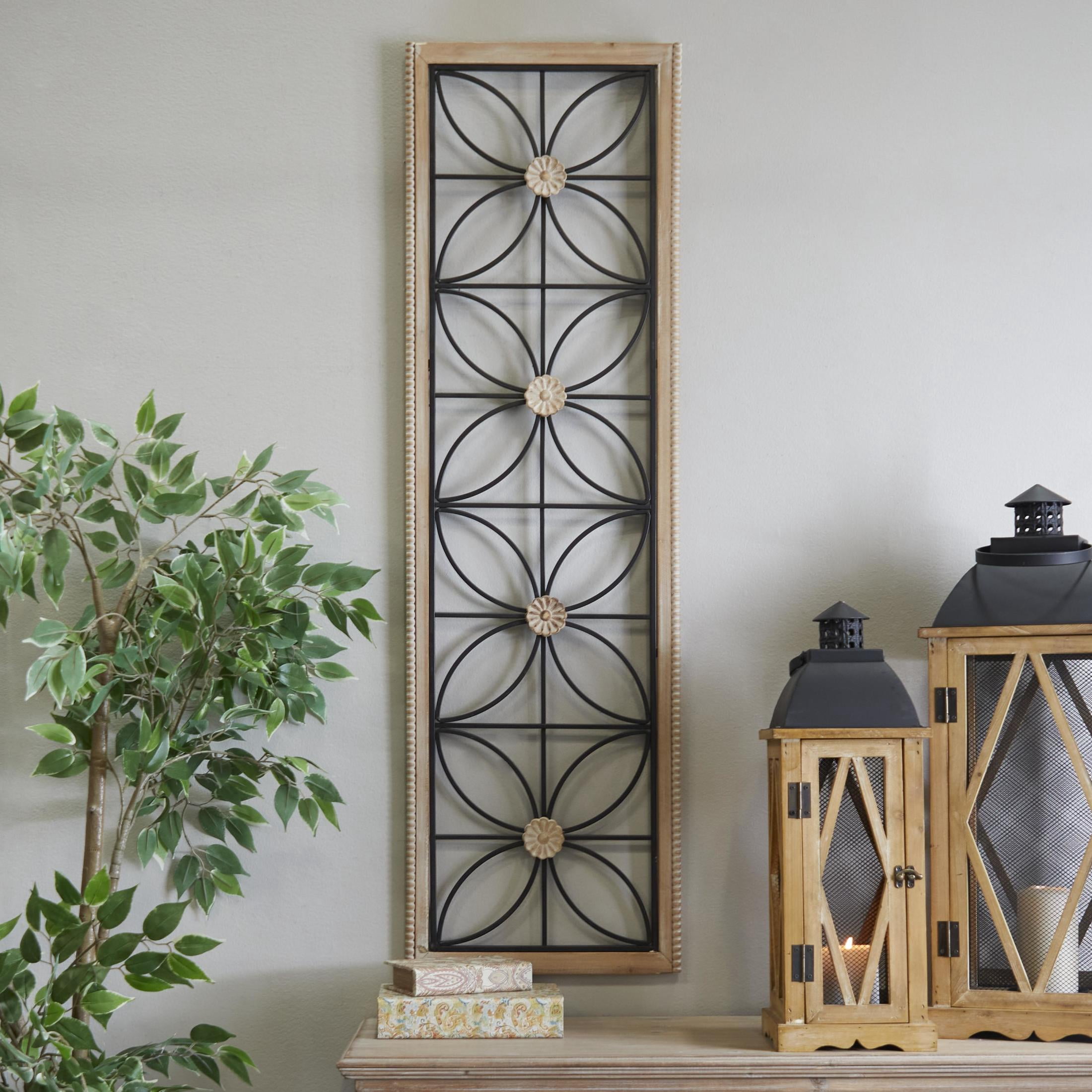 DecMode Black Metal Floral Wall Decor with Brown Frame