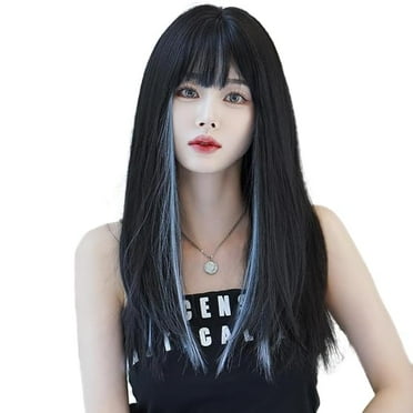 Black Wig with Bangs, 23 Inches Long Straight Synthetic Hair Wigs for Women with Blue Highlight Colorful Cosplay And Party Wig, Black with Blue