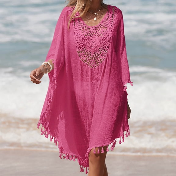 Tassel Swimsuit Cover Up Dress for Women,Long Sleeve Bohemian Bathing Suit Coverups,Batwing Ruffle Hollow Out Crochet Beach Outfits