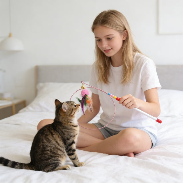 Cat Teaser Toy with 96 cm Telescopic Plastic Rod, Multi-Color Feathers with Bell, Spring Rotation, Durable and Washable Interactive Toy for Cat Exercise and Training