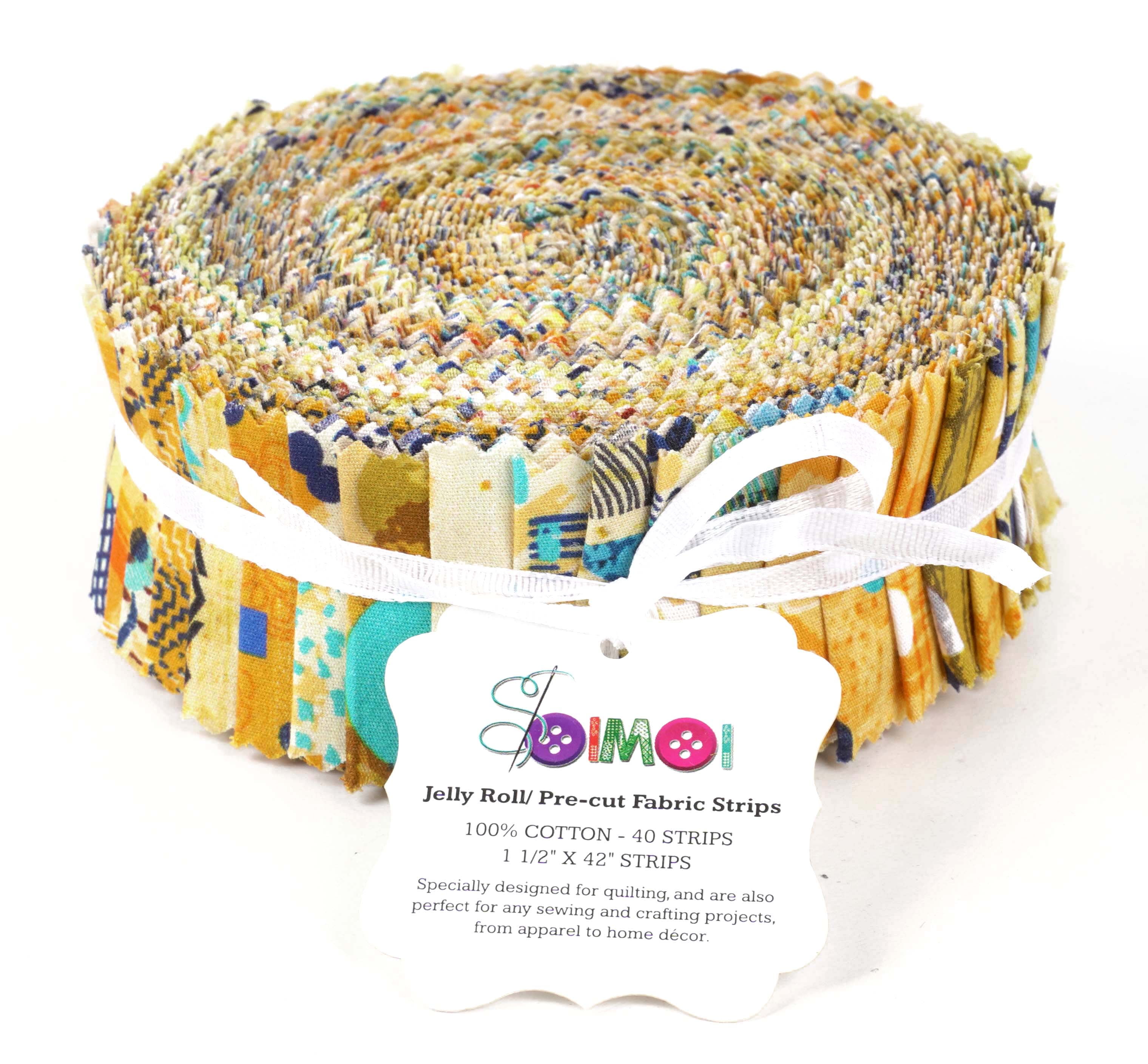 Soimoi 40Pcs Geometric & Texture Print Precut Fabrics Strips Roll Up 1.5x42inches Cotton Jelly Rolls For Quilting - Yellow