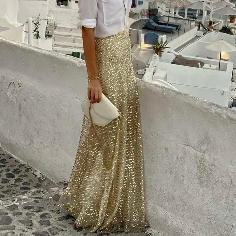 Women Skirts Elastic Waist Rhinestone Skirt Gold Sequin Glitter Skirt Midi Skirt Elegant Slim Fit Holiday Midi Skirts Long Female Floor Length Full Size Bed Skirt Walmart