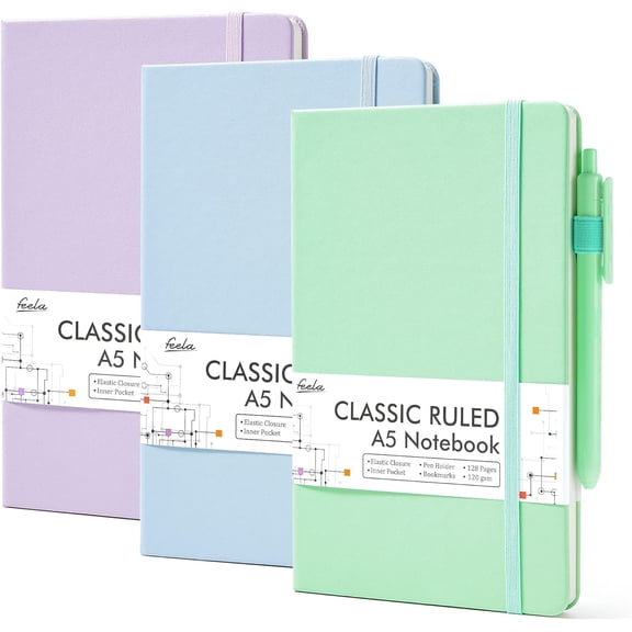 feela 3 Pack Hardcover Notebook For Women, Classic Ruled Lined Journal Set Business Supplies, with 3 Black Pens, 120 GSM, 5.1”x8.3”, A5, Pastel Colors, Light Blue, Light Purple, Light Green