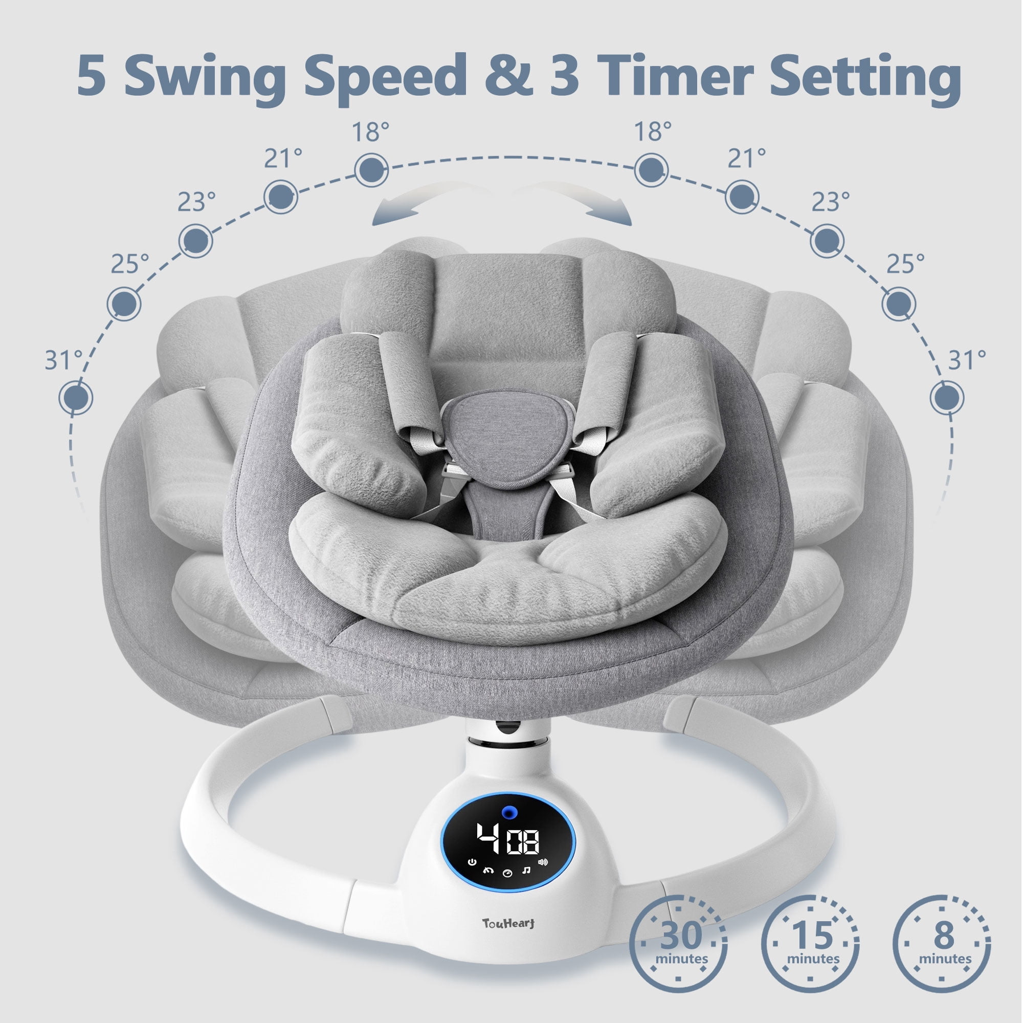 TouHeart Baby Swing, Electric Infant Rocker with Bluetooth & Remote, 5 Speeds, 10 Lullabies,Gray