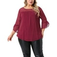 thumbnail image 1 of Blusas de mujer de tallas grandes GRACE & GRANDEUR con brillo, cuello redondo transparente, volantes, mangas 3/4, de doble capa y plisadas, talla 2X, color rojo, 1 of 1