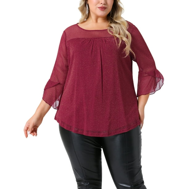 Blusas de mujer de tallas grandes GRACE & GRANDEUR con brillo, cuello redondo transparente, volantes, mangas 3/4, de doble capa y plisadas, talla 2X, color rojo