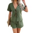 thumbnail image 2 of Women'S Summer Short Sets Front Tie V Neck Shirt Tops Matching Casual Shorts 2 Piece Outfits Army Green M, 2 of 9