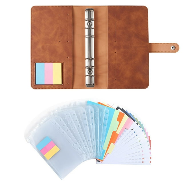 CSChome Diary Notebook Set Binder Notebook with Sticky Notes: Clear Pockets, Faux Leather, Soft Case, Note-Taking, Portable A6 Diary Notebook