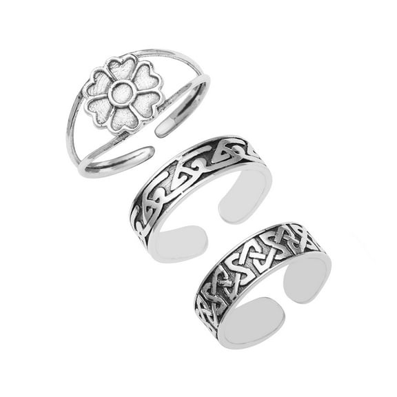 Mooneye 925 Sterling Silver Adjustable Toe Rings For Women, Floral, Celtic Beach' Oxidized Foot Jewelry - Set of 3